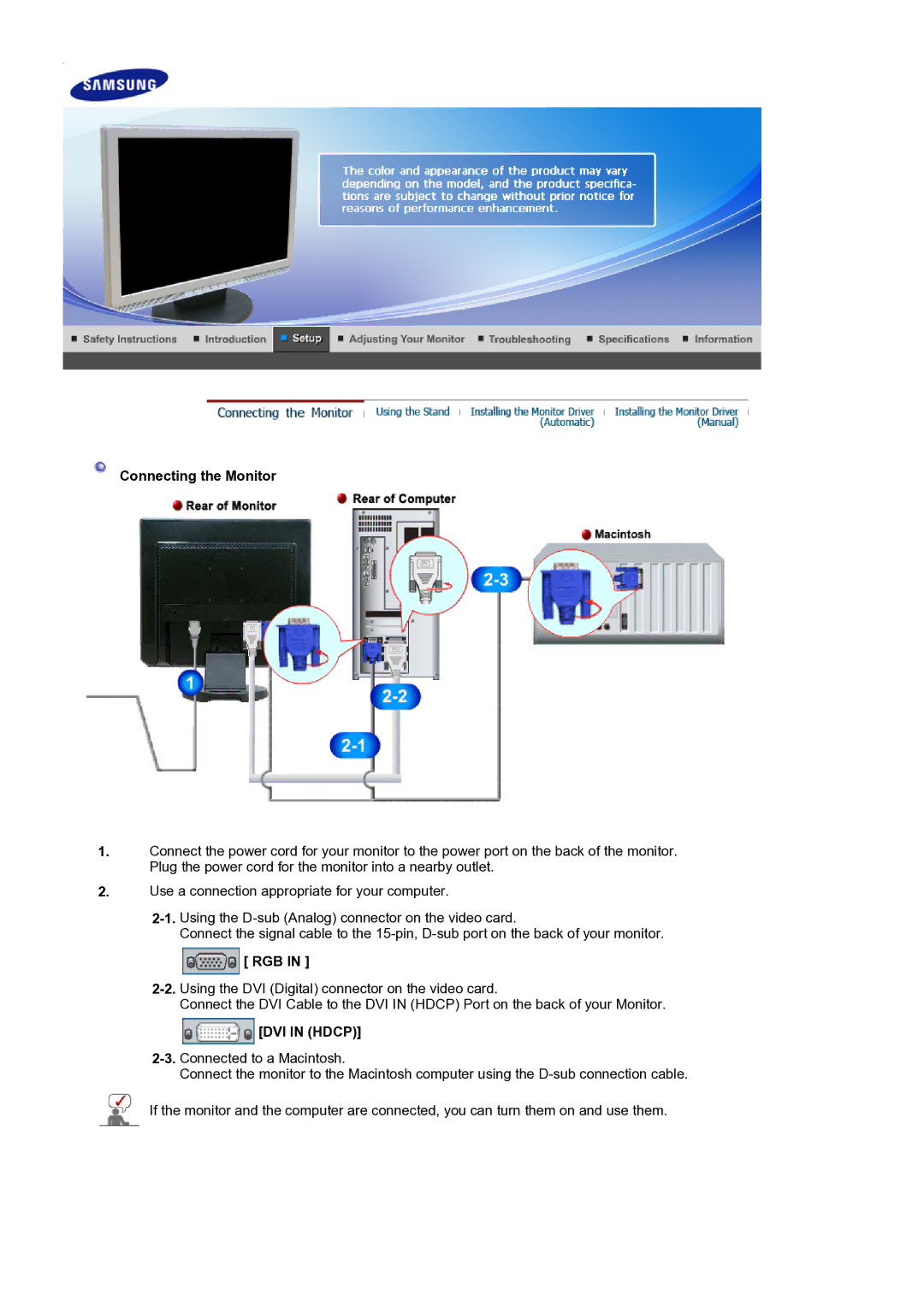 Samsung 920BM manual Connecting the Monitor, Rgb 