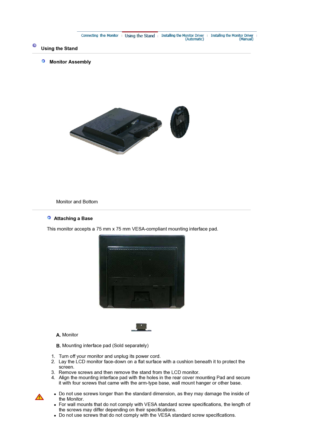 Samsung 920BM manual Using the Stand Monitor Assembly, Attaching a Base 