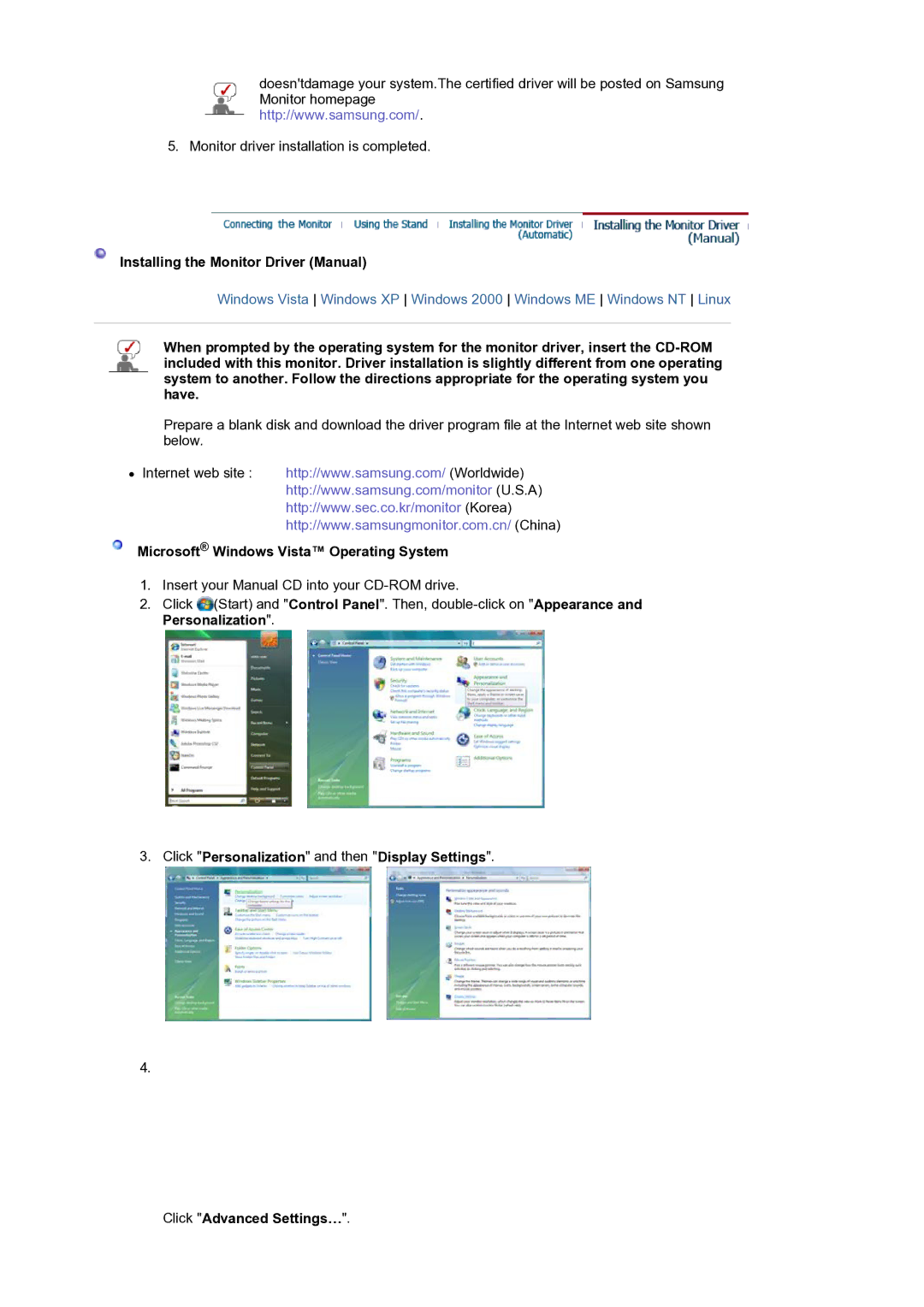 Samsung 920BM manual Installing the Monitor Driver Manual, Microsoft Windows Vista Operating System 