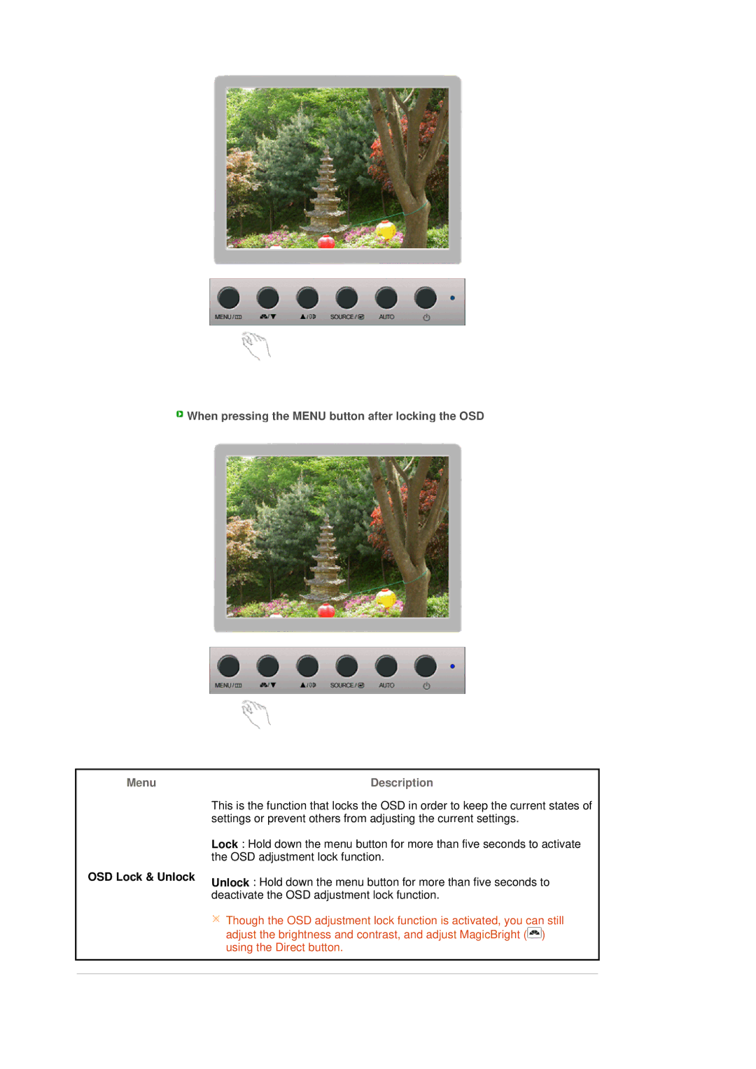 Samsung 920BM manual Menu Description, OSD Lock & Unlock 