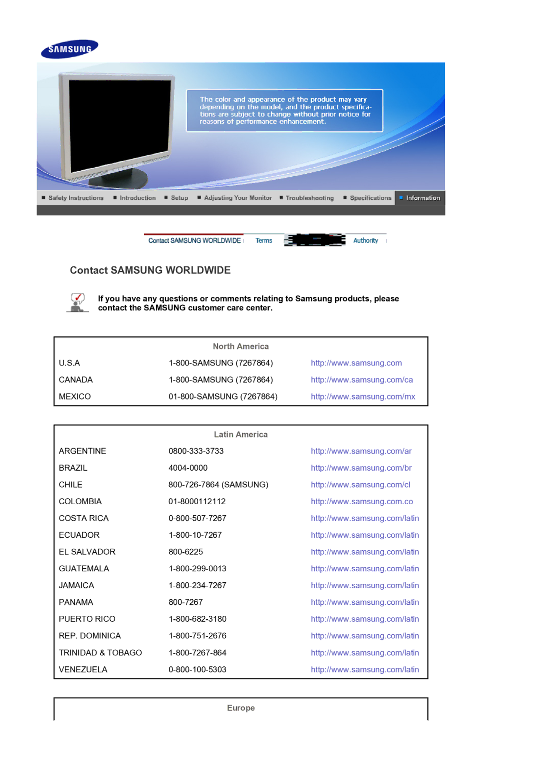 Samsung 920BM manual Contact Samsung Worldwide, North America, Latin America, Europe 