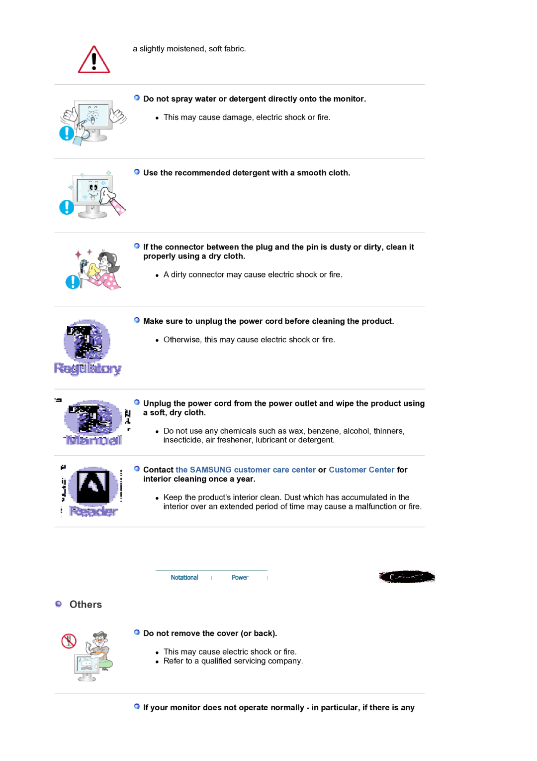 Samsung 920BM manual Others, Do not spray water or detergent directly onto the monitor, Do not remove the cover or back 