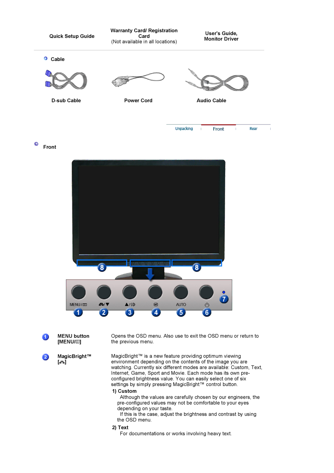 Samsung 920LM manual Cable Sub Cable Power Cord Audio Cable Front Menu button, MagicBright, Custom, Text 