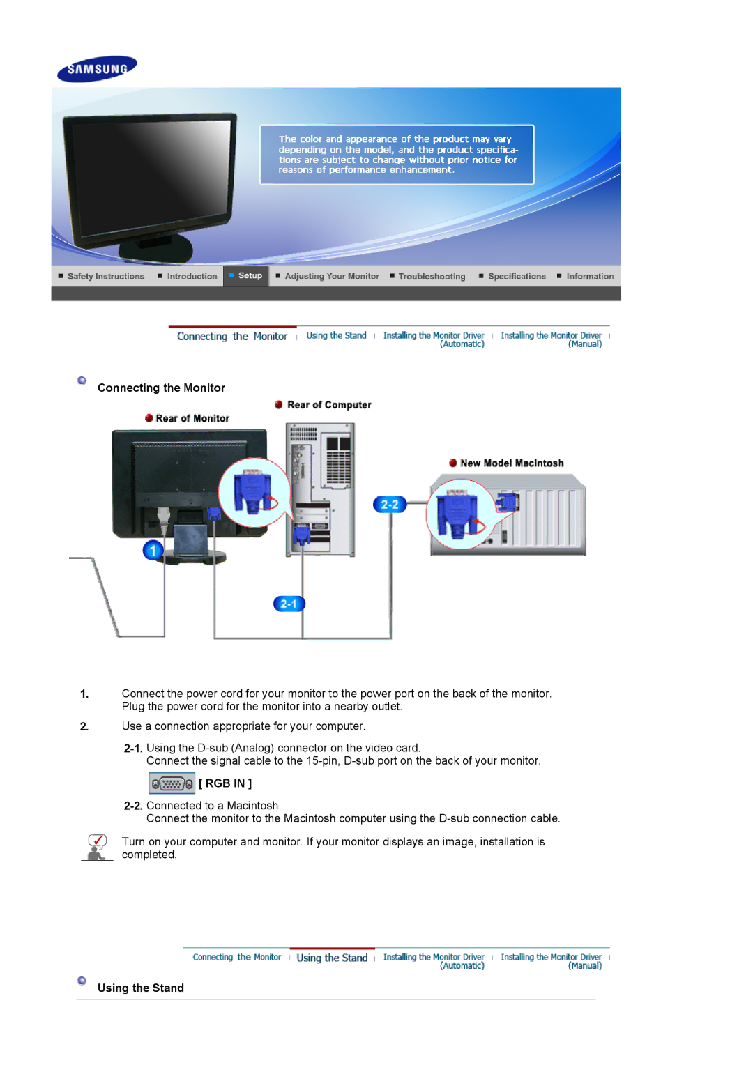 Samsung 920LM manual Connecting the Monitor, Rgb, Using the Stand 