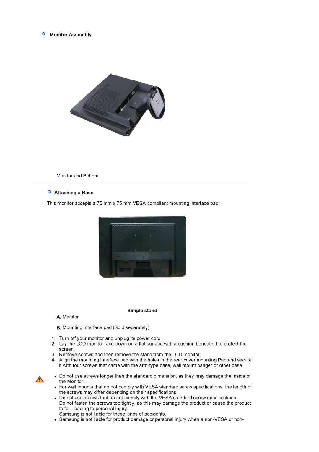 Samsung 920LM manual Monitor Assembly, Attaching a Base, Simple stand 