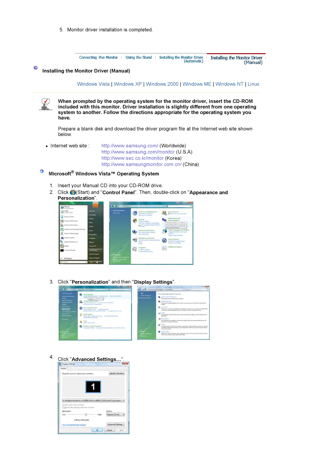 Samsung 920LM manual Installing the Monitor Driver Manual, Microsoft Windows Vista Operating System 