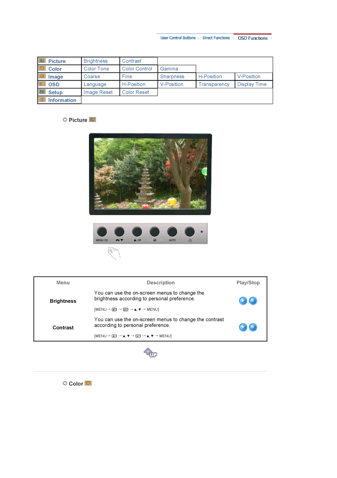 Samsung 920LM manual Picture, Color, Menu, Brightness Contrast, DescriptionPlay/Stop 