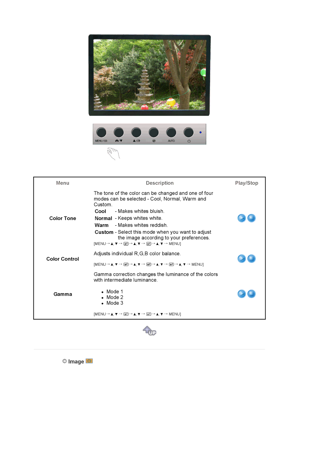 Samsung 920LM manual Image, Color Tone Color Control Gamma, Cool Normal Warm 