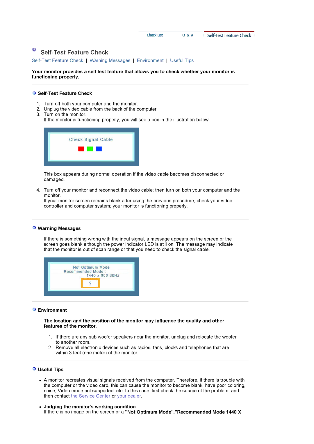 Samsung 920LM manual Self-Test Feature Check, Useful Tips 