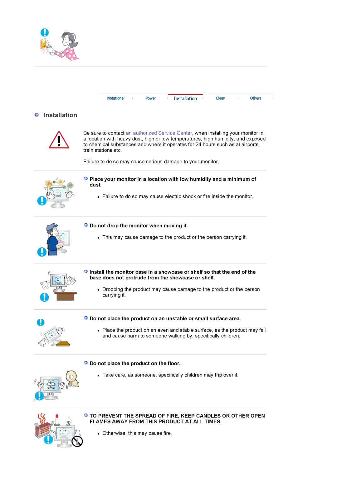 Samsung 920LM manual Installation, Do not drop the monitor when moving it, Do not place the product on the floor 