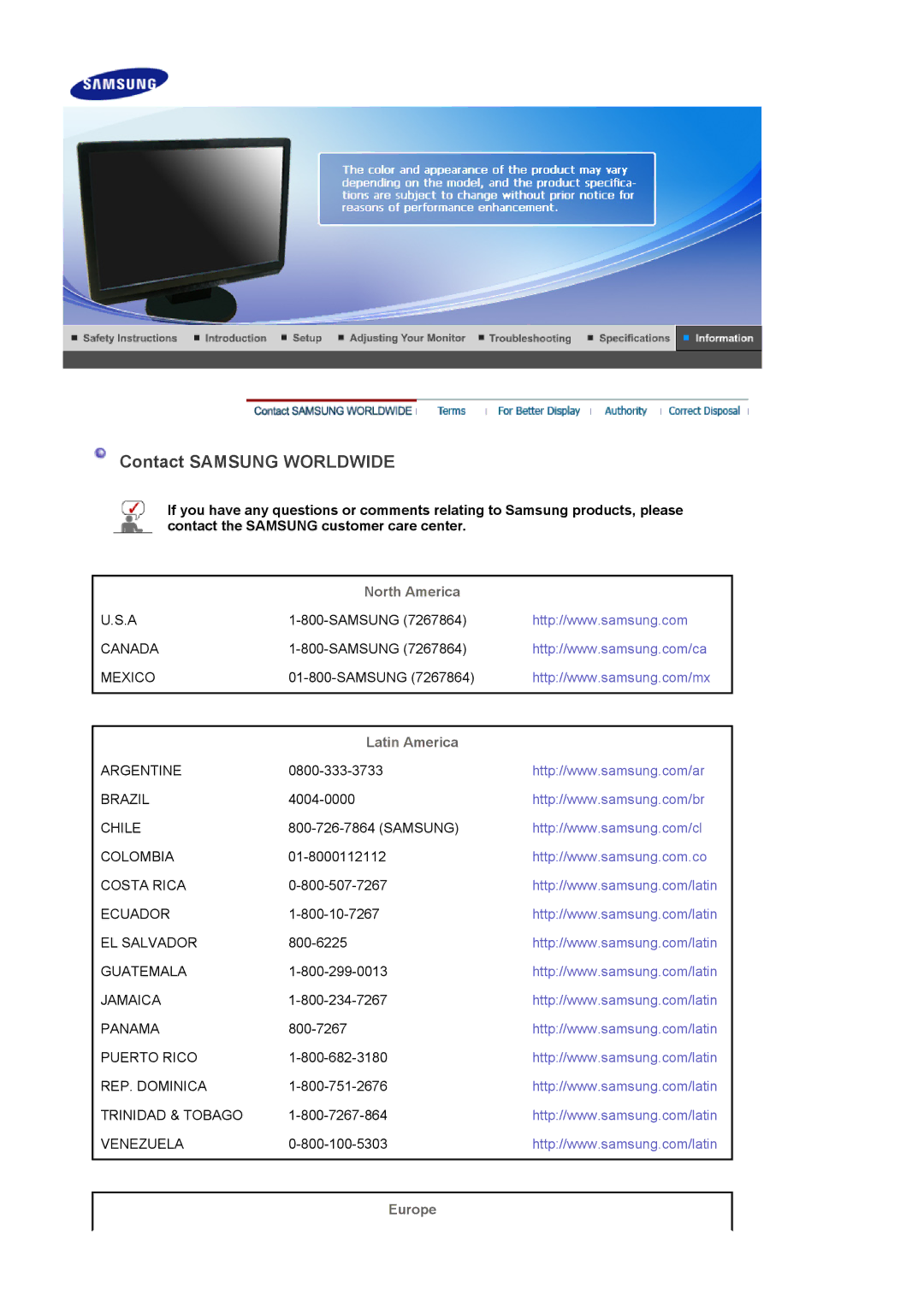 Samsung 920LM manual Contact Samsung Worldwide, North America, Latin America, Europe 