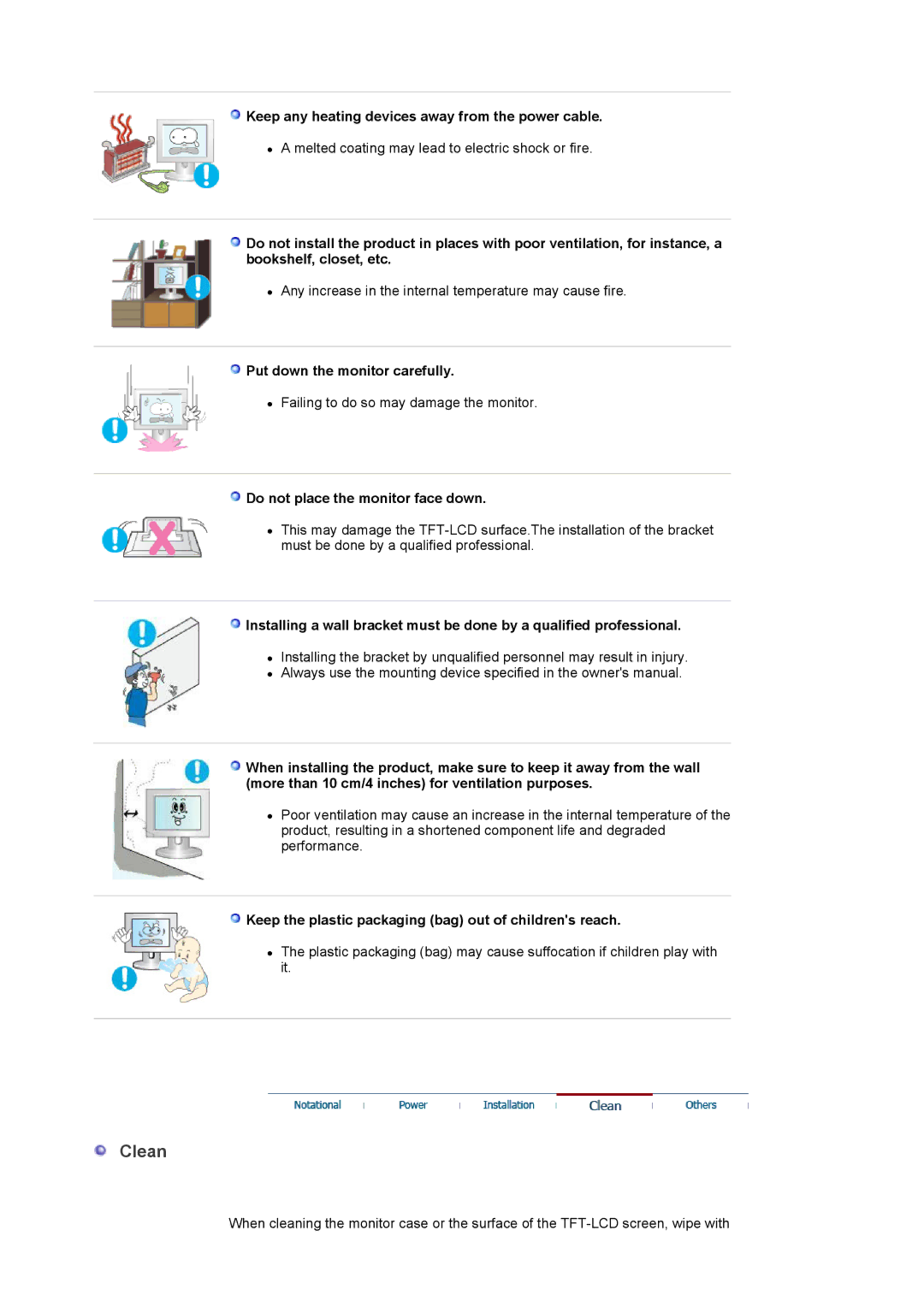 Samsung 920LM manual Clean, Keep any heating devices away from the power cable, Put down the monitor carefully 
