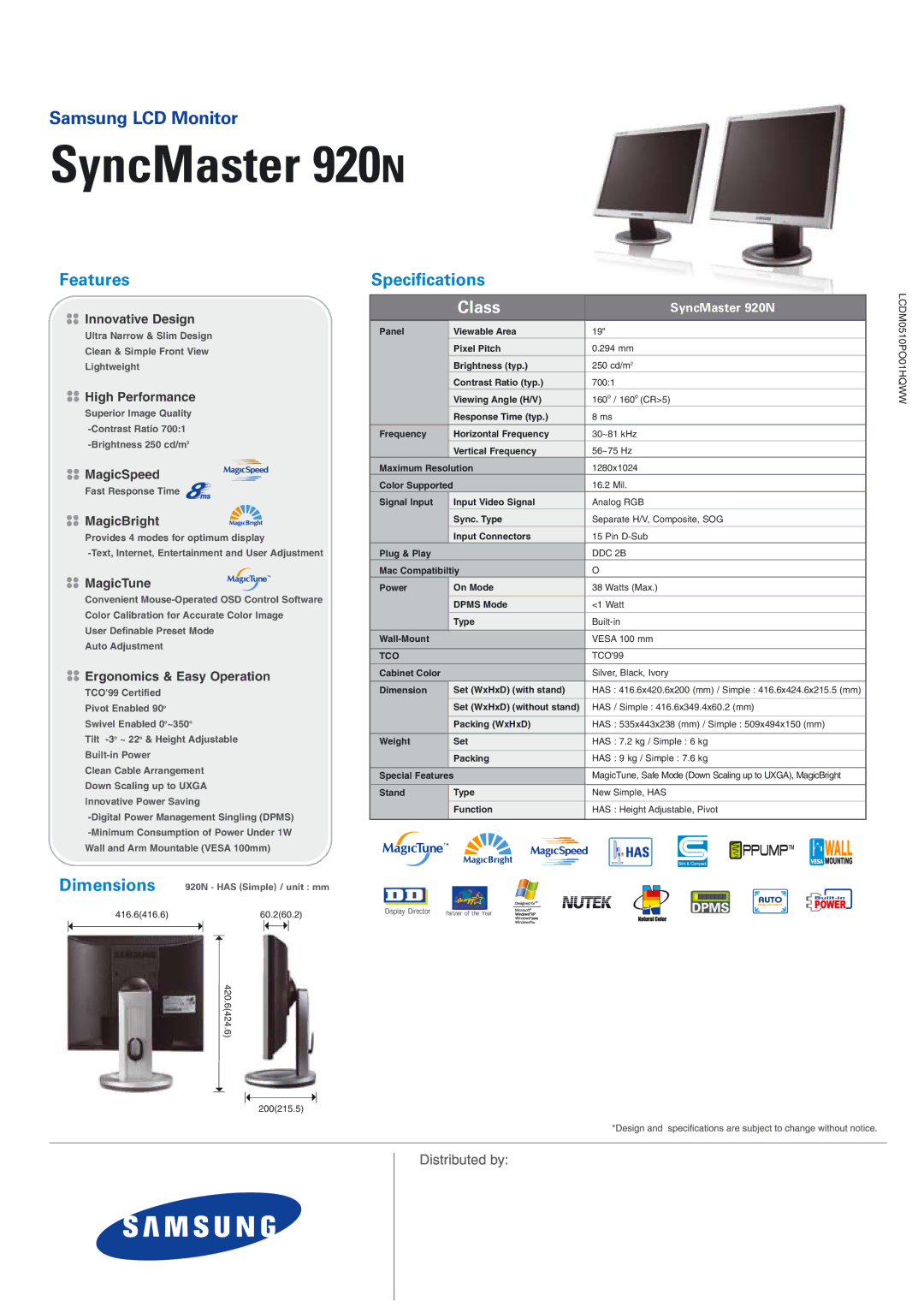 Samsung manual Features, Specifications, Class, SyncMaster 920N 