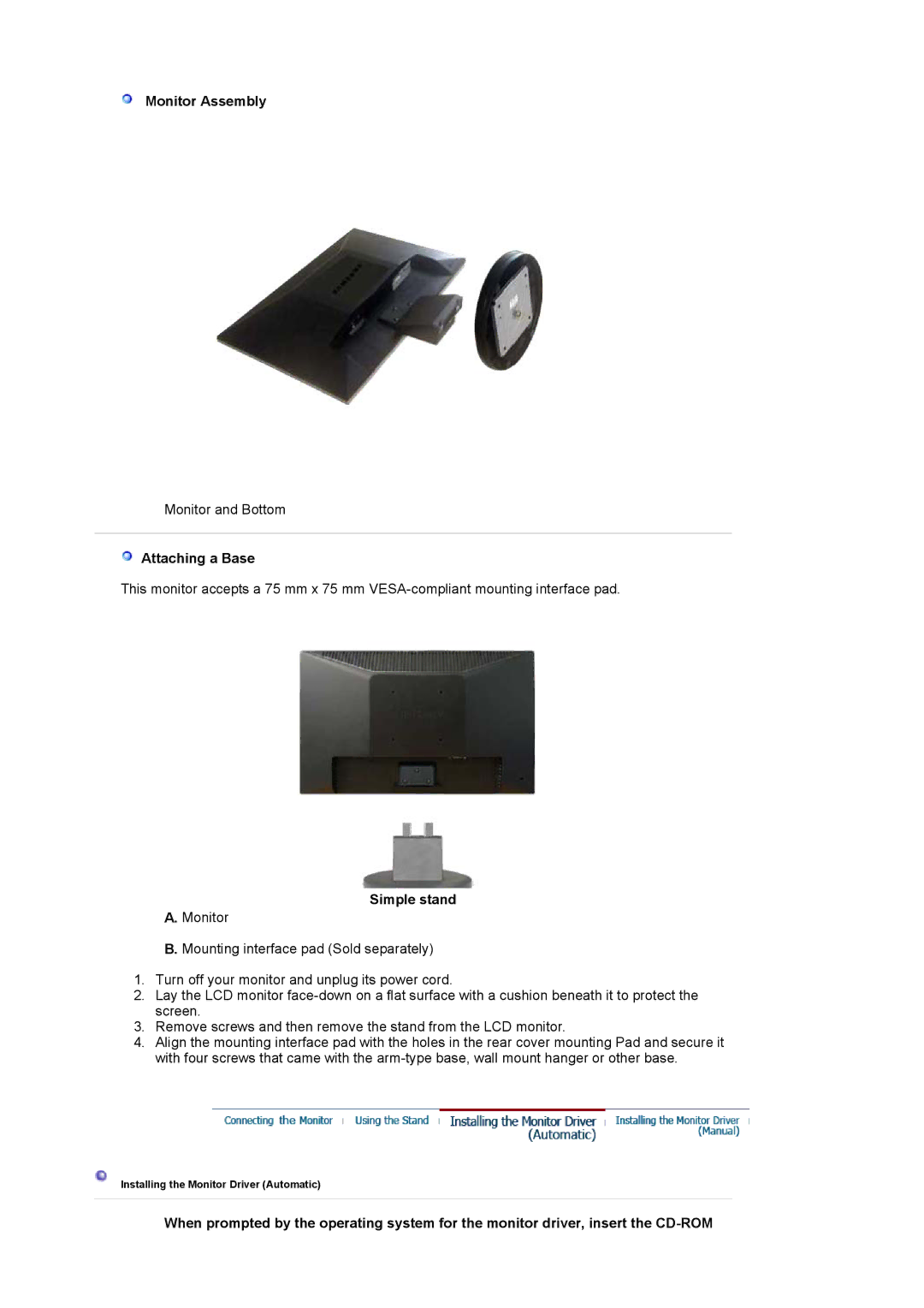 Samsung 920NW manual Monitor Assembly, Attaching a Base, Simple stand 