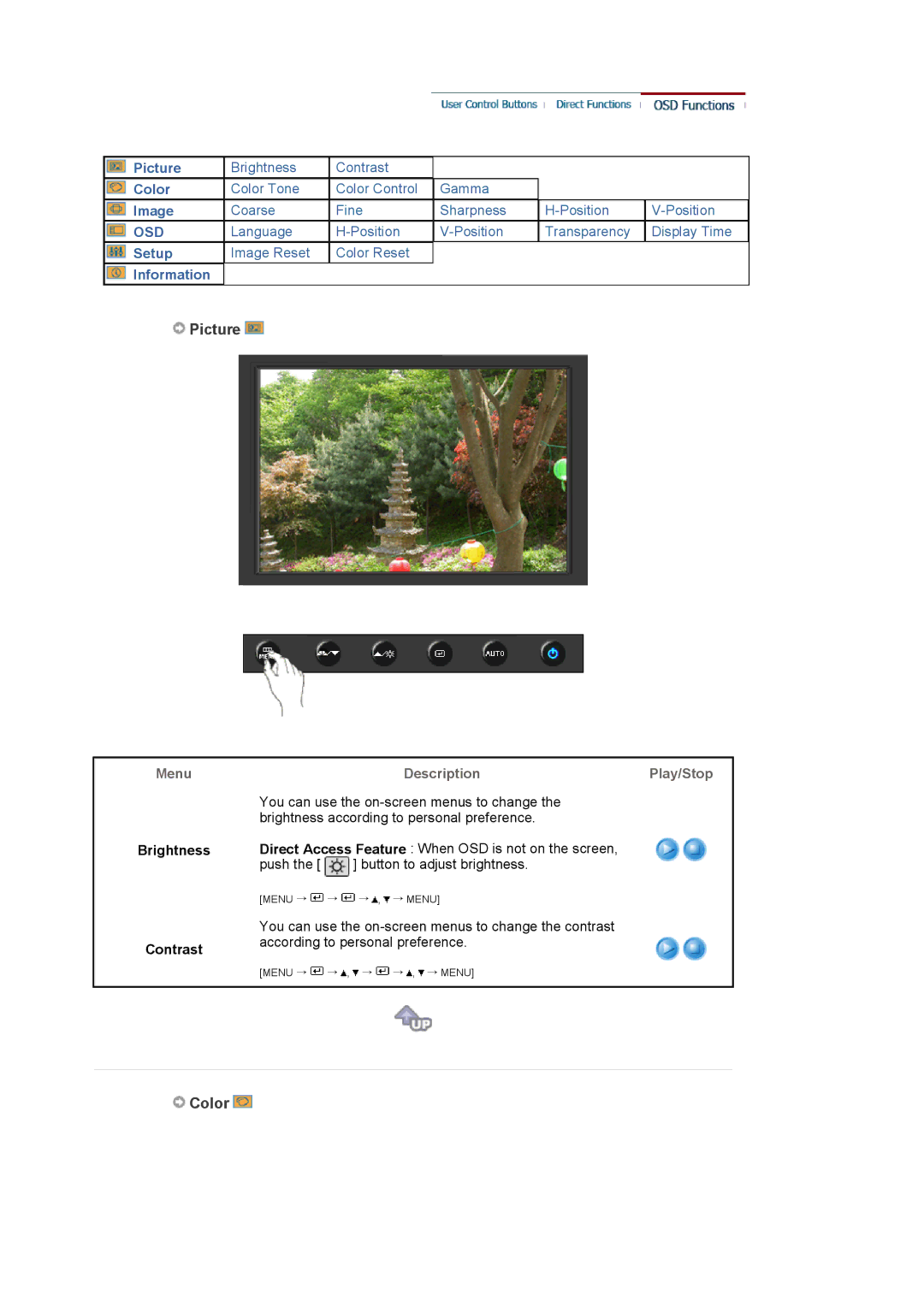 Samsung 920NW manual Picture, Color, Brightness Contrast, DescriptionPlay/Stop 