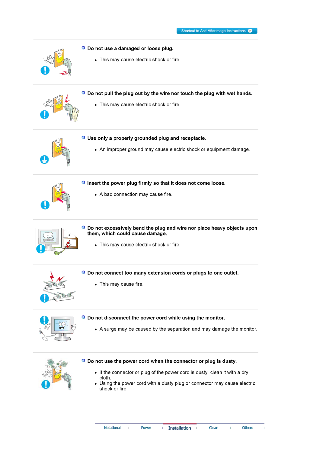 Samsung 920NW manual Do not use a damaged or loose plug, Use only a properly grounded plug and receptacle 