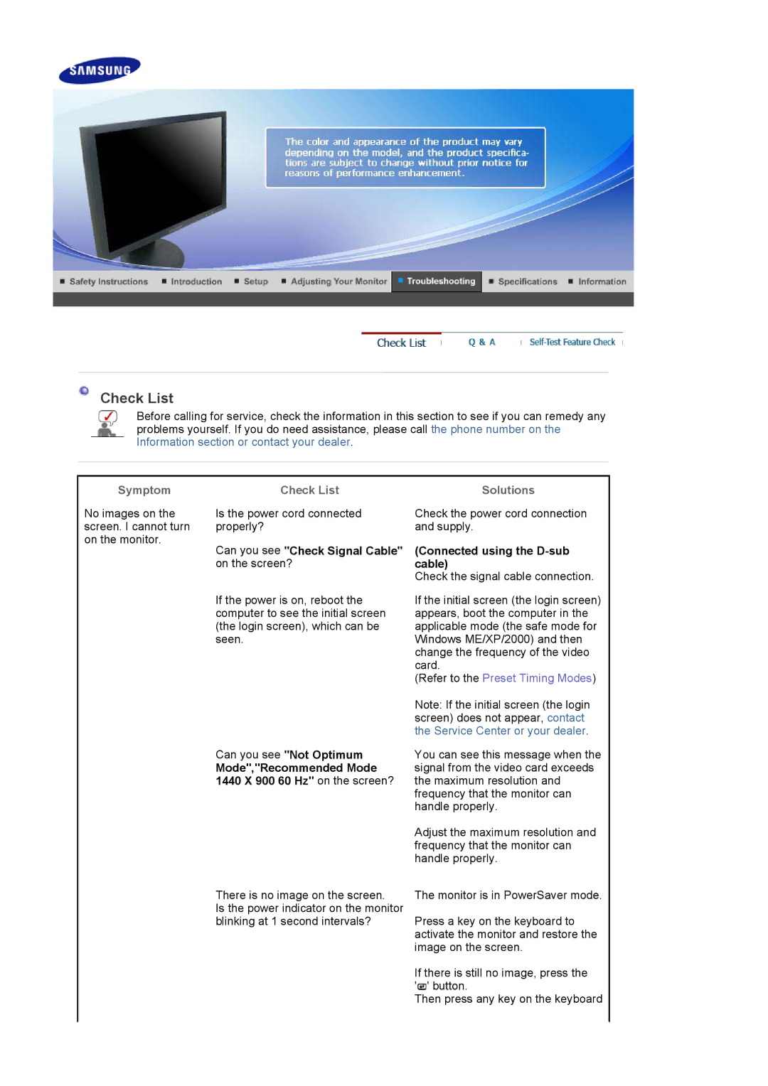 Samsung 920NW manual Check List, Symptom, Solutions 