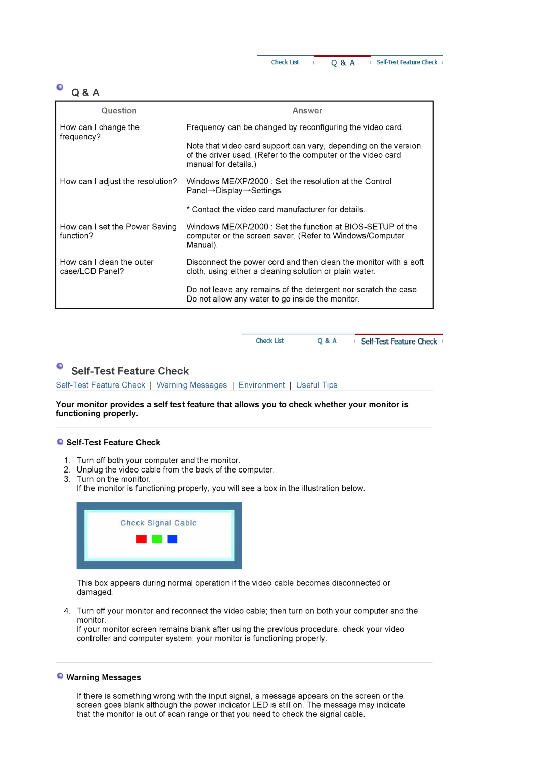 Samsung 920NW manual Self-Test Feature Check, Question, Answer 