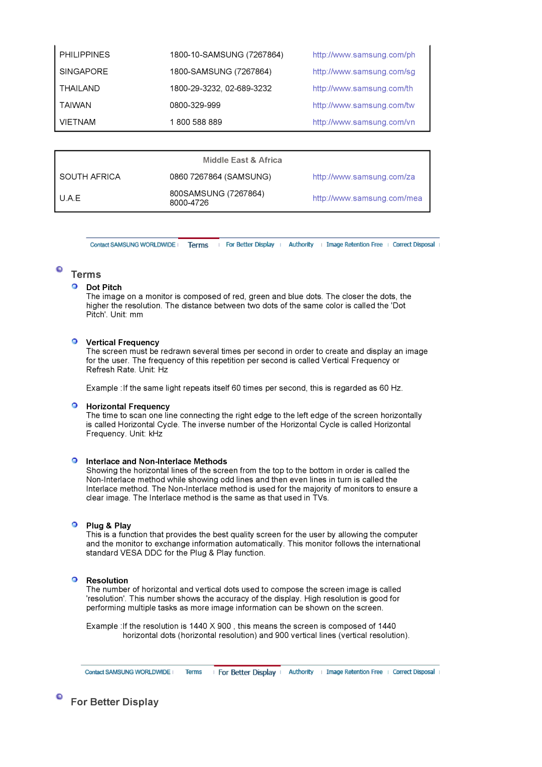 Samsung 920NW manual Terms, For Better Display, Middle East & Africa 