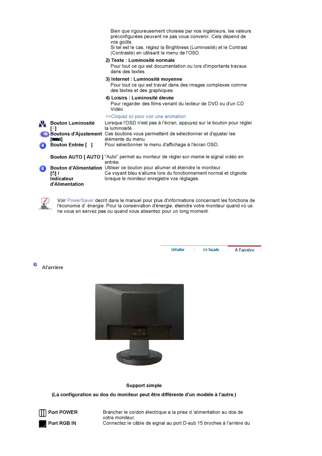 Samsung 920NW manual Texte Luminosité normale, Internet Luminosité moyenne, Loisirs Luminosité élevée, Bouton Luminosité 