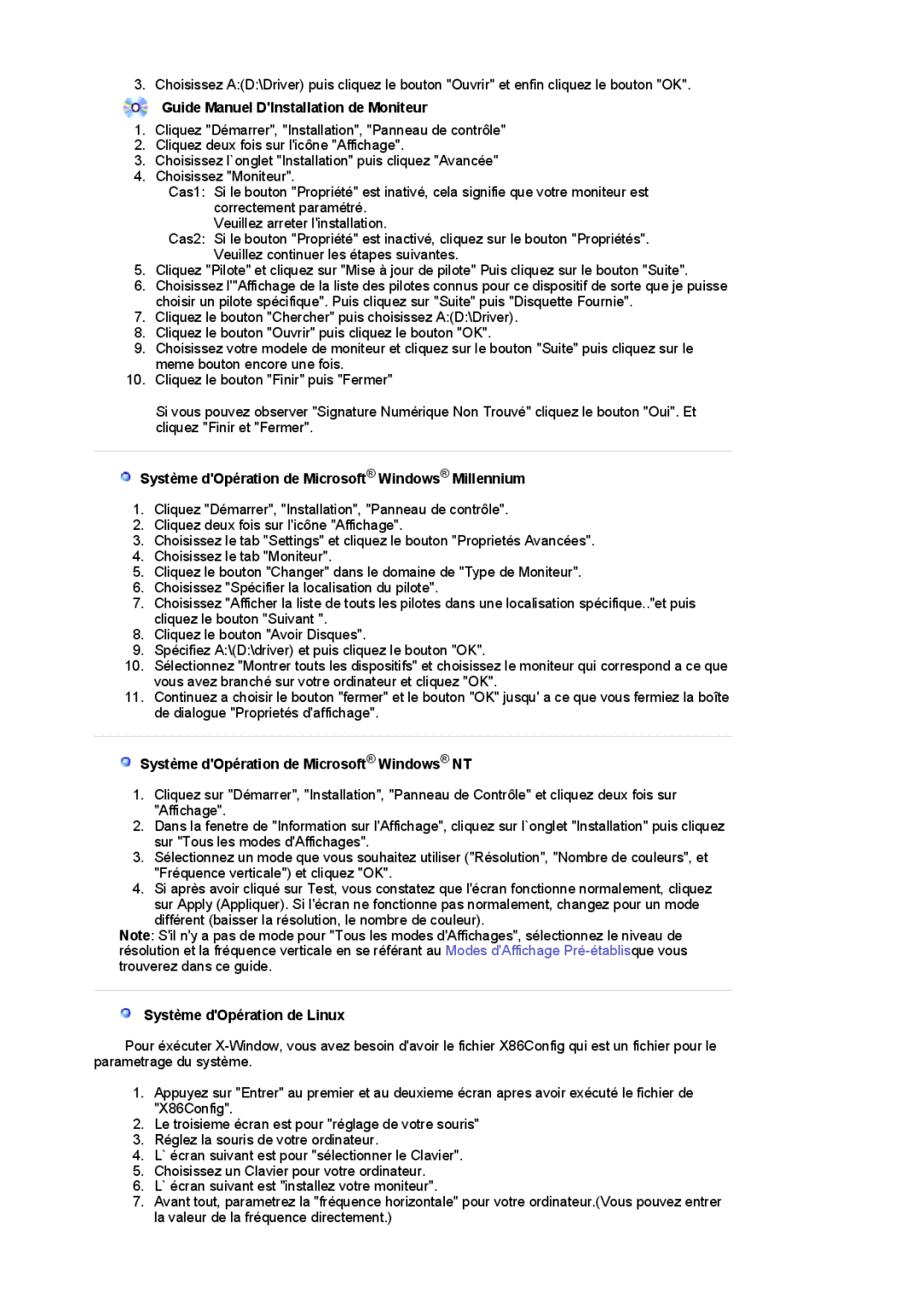 Samsung 920NW manual Guide Manuel DInstallation de Moniteur, Système dOpération de Microsoft Windows Millennium 