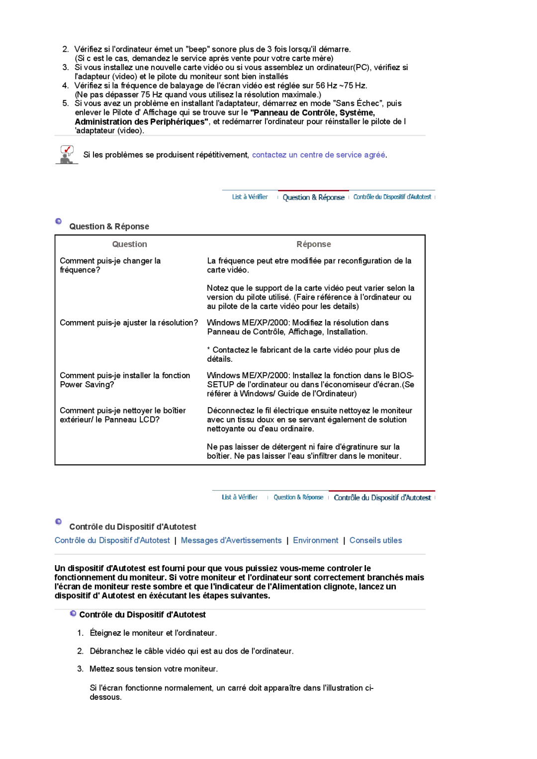 Samsung 920NW manual Question Réponse, Contrôle du Dispositif dAutotest 