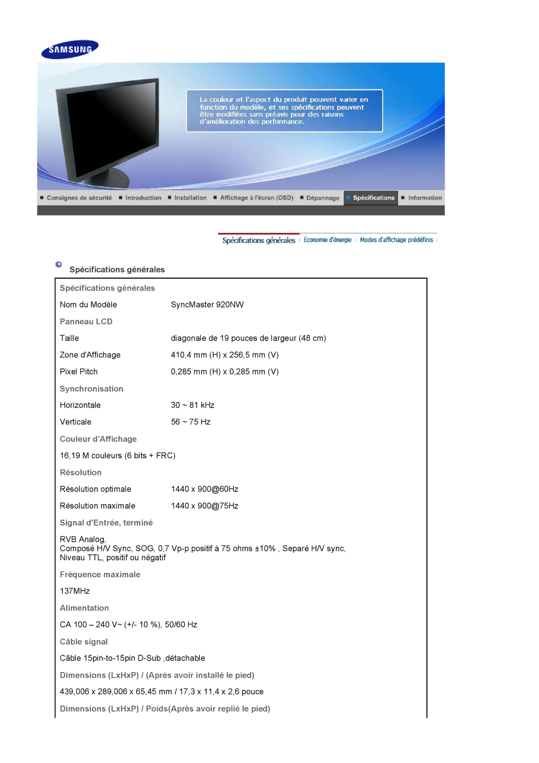 Samsung 920NW Spécifications générales, Panneau LCD, Synchronisation, Couleur dAffichage, Résolution, Fréquence maximale 