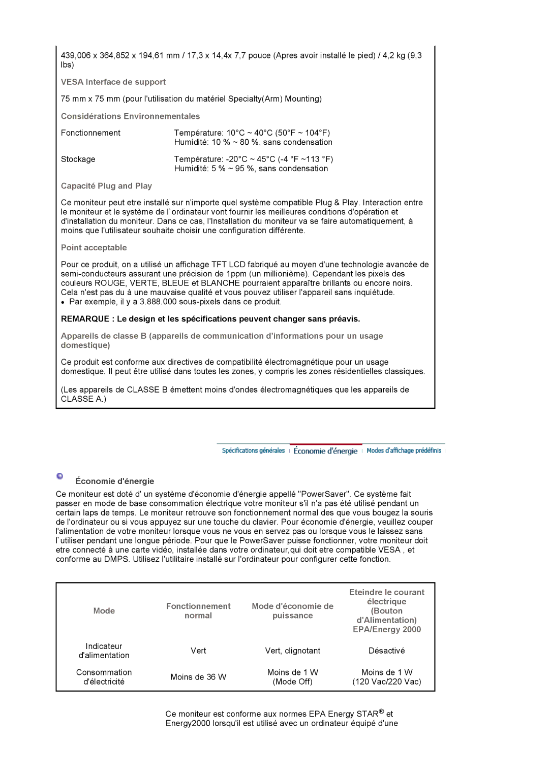 Samsung 920NW manual Vesa Interface de support, Considérations Environnementales, Capacité Plug and Play, Point acceptable 