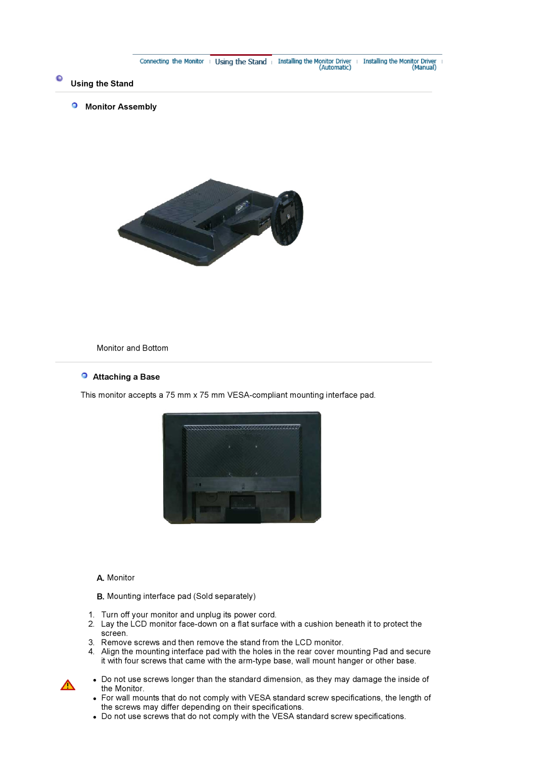 Samsung 920WM manual Using the Stand Monitor Assembly, Attaching a Base 