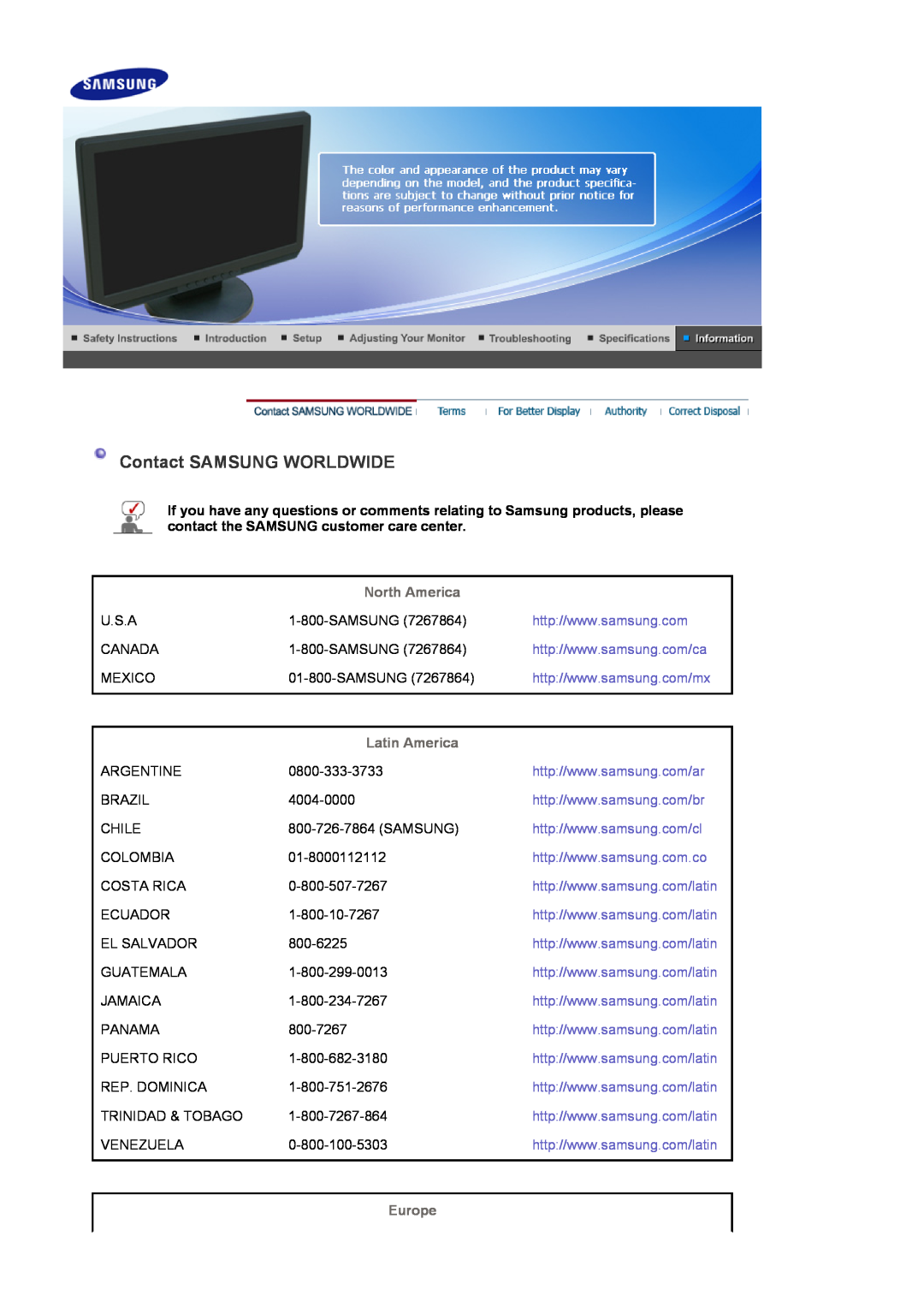 Samsung 920WM manual Contact SAMSUNG WORLDWIDE, North America, Latin America, Europe 