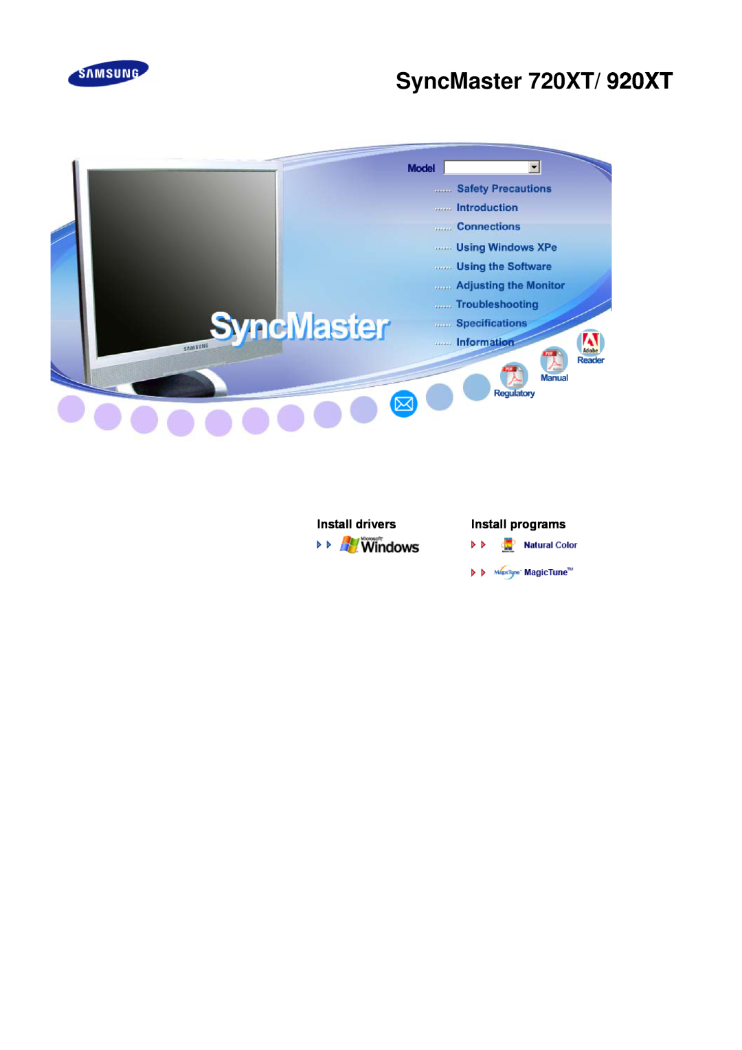 Samsung manual SyncMaster 720XT/ 920XT, Install programs, Install drivers 
