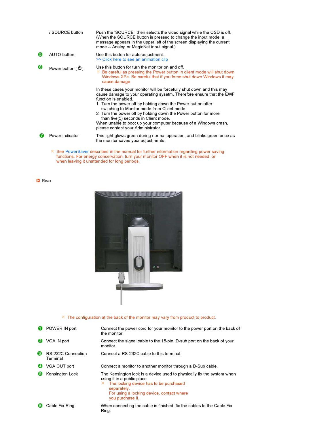 Samsung 920XT manual Rear, The locking device has to be purchased, separately, For using a locking device, contact where 