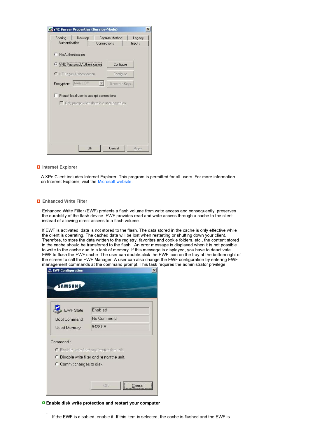 Samsung 920XT manual Internet Explorer, Enhanced Write Filter, Enable disk write protection and restart your computer 