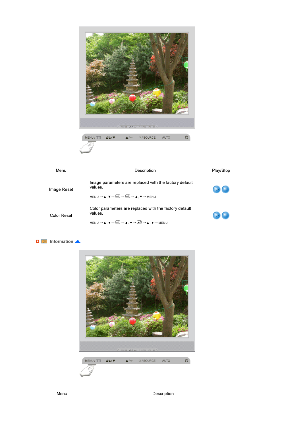 Samsung 920XT manual Menu Image Reset Color Reset, Description, Play/Stop, Information, Menu → , → → → , → Menu 