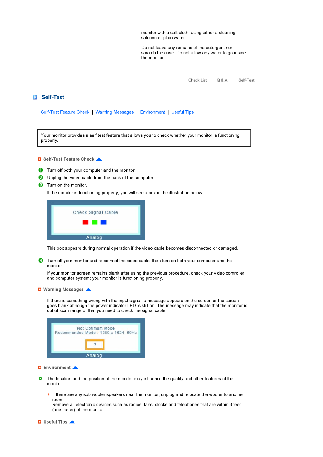 Samsung 920XT manual Self-Test Feature Check Warning Messages Environment Useful Tips 