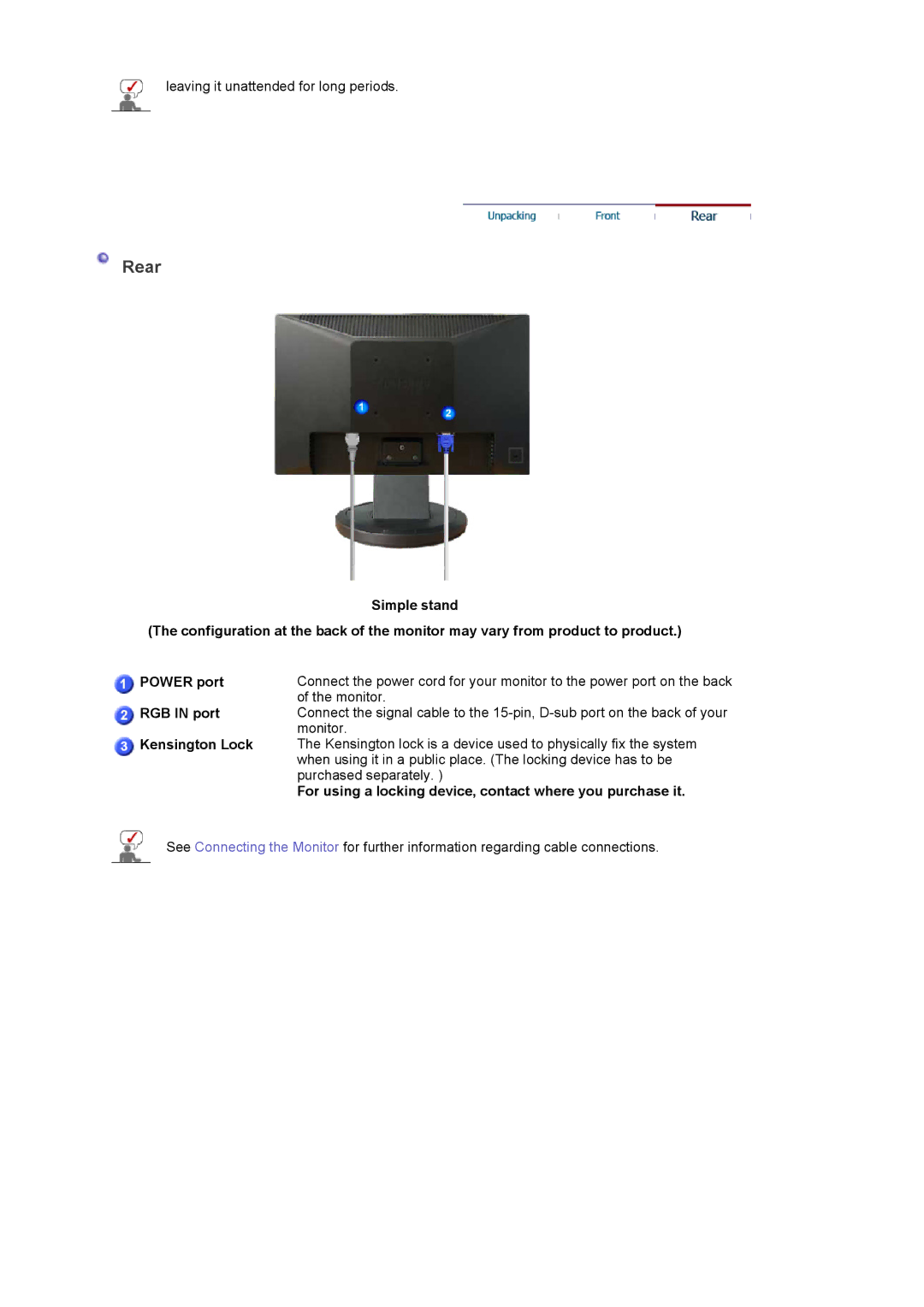 Samsung 2023 NW, 923NW manual Rear, RGB in port, Kensington Lock, For using a locking device, contact where you purchase it 