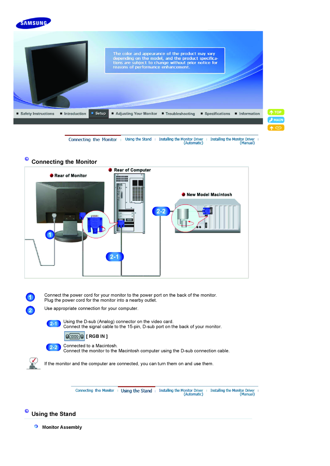 Samsung 2223NW, 923NW, 2023 NW manual Connecting the Monitor 