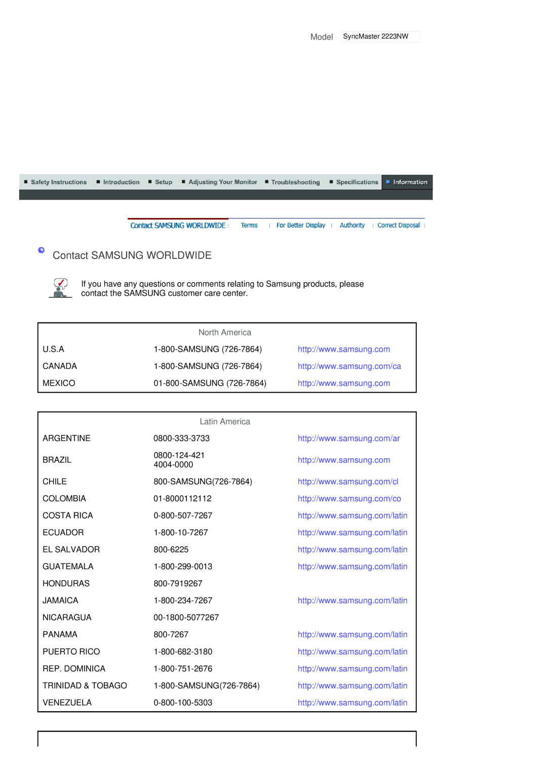 Samsung 2223NW, 923NW, 2023 NW manual Contact Samsung Worldwide 