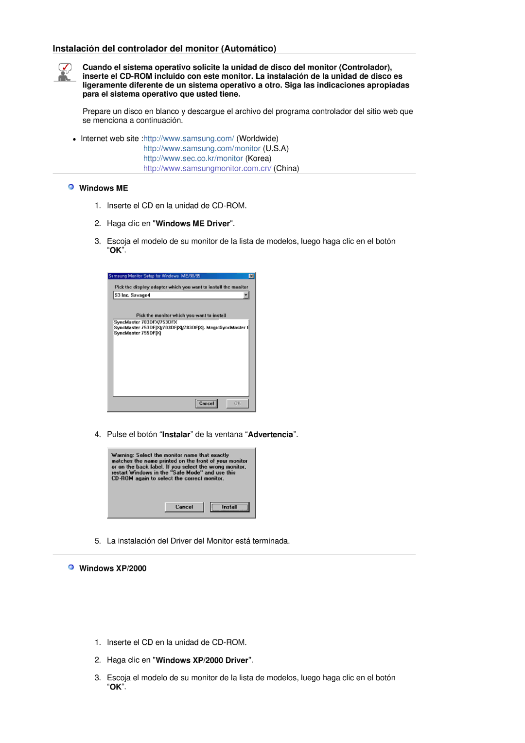Samsung 930BF, 730BF manual Haga clic en Windows ME Driver, Haga clic en Windows XP/2000 Driver 