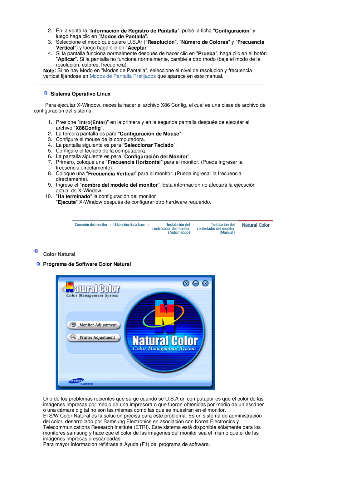 Samsung 730BF, 930BF manual Sistema Operativo Linux, Programa de Software Color Natural 