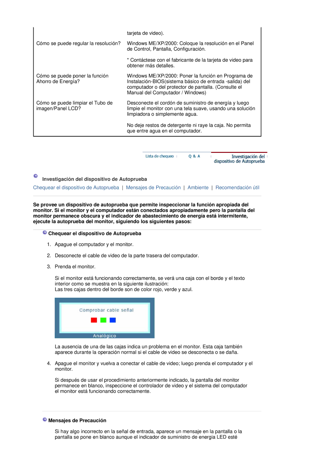 Samsung 730BF, 930BF manual Investigación del dispositivo de Autoprueba, Mensajes de Precaución 