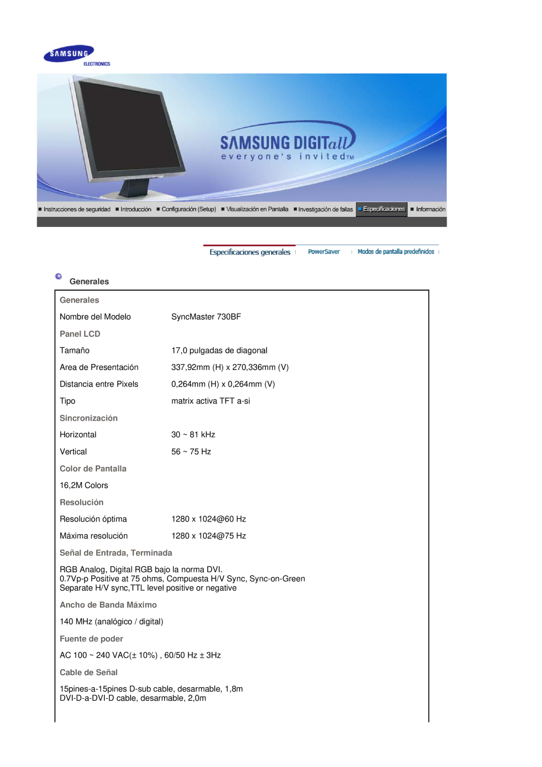 Samsung 730BF, 930BF manual Generales, Panel LCD, Sincronización, Color de Pantalla, Resolución, Señal de Entrada, Terminada 