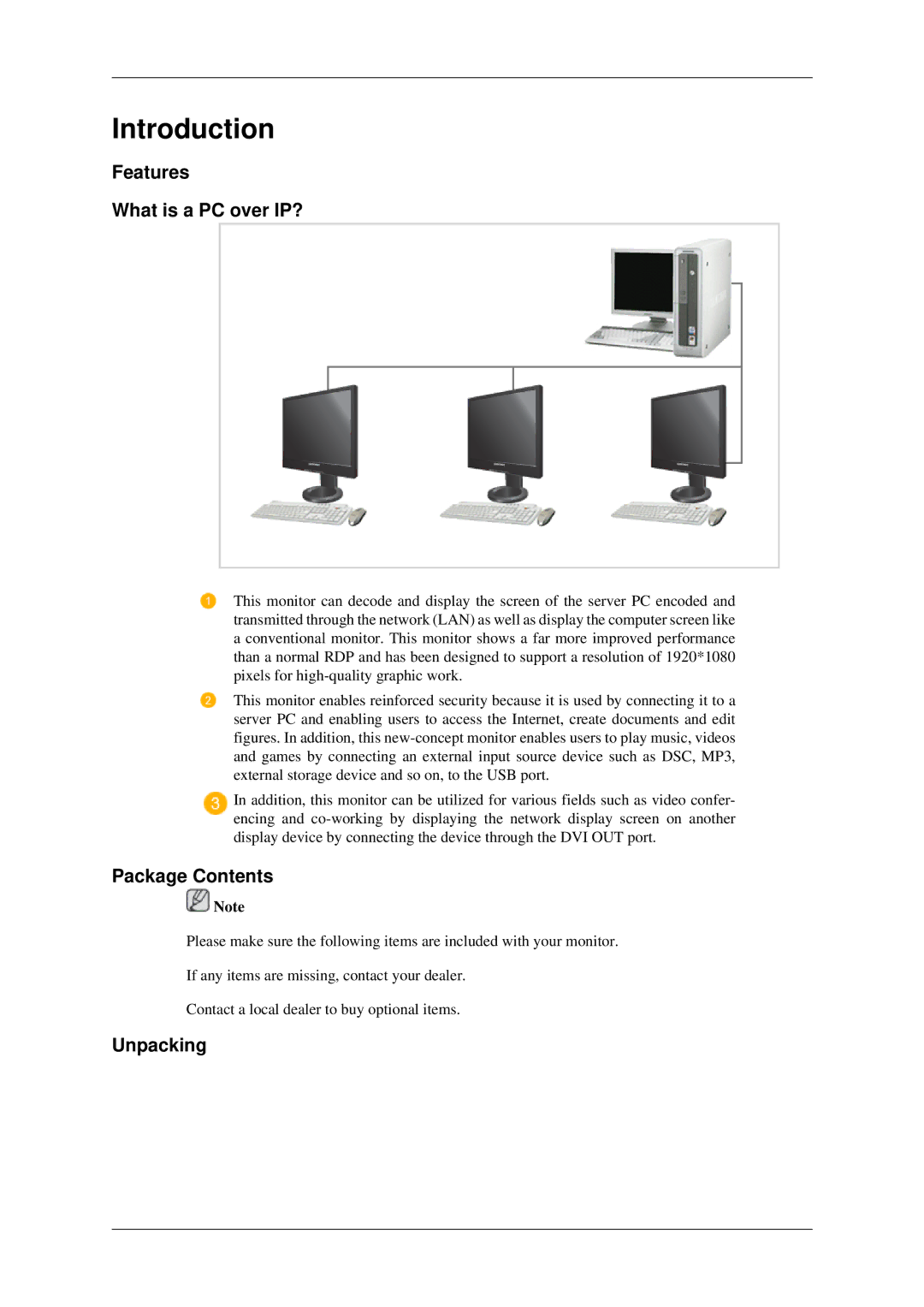 Samsung 930ND user manual Introduction, Features What is a PC over IP?, Package Contents, Unpacking 