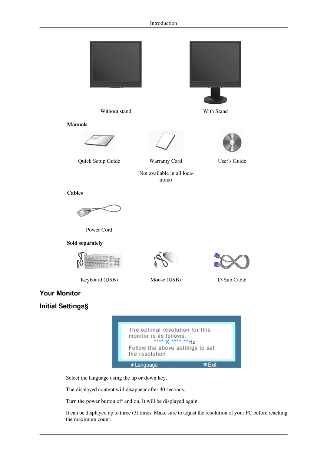 Samsung 930ND user manual Your Monitor Initial Settings§, Manuals, Cables, Sold separately 