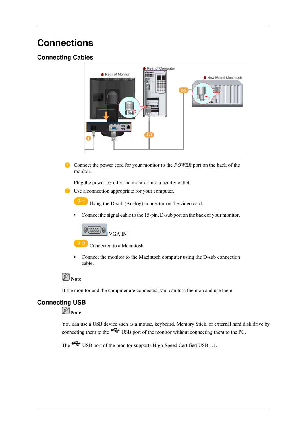 Samsung 930ND user manual Connections, Connecting Cables, Connecting USB 