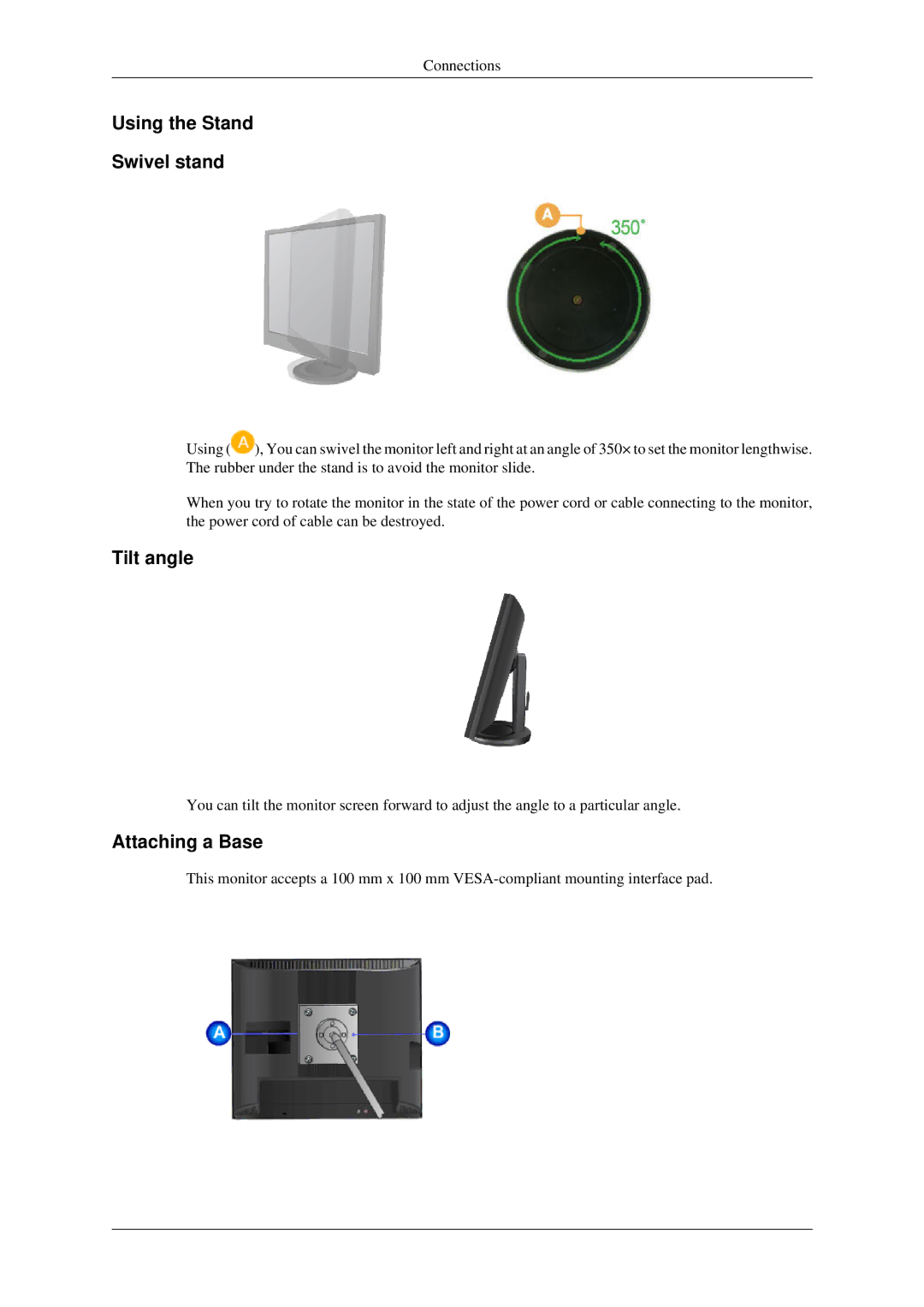 Samsung 930ND user manual Using the Stand Swivel stand, Tilt angle, Attaching a Base 