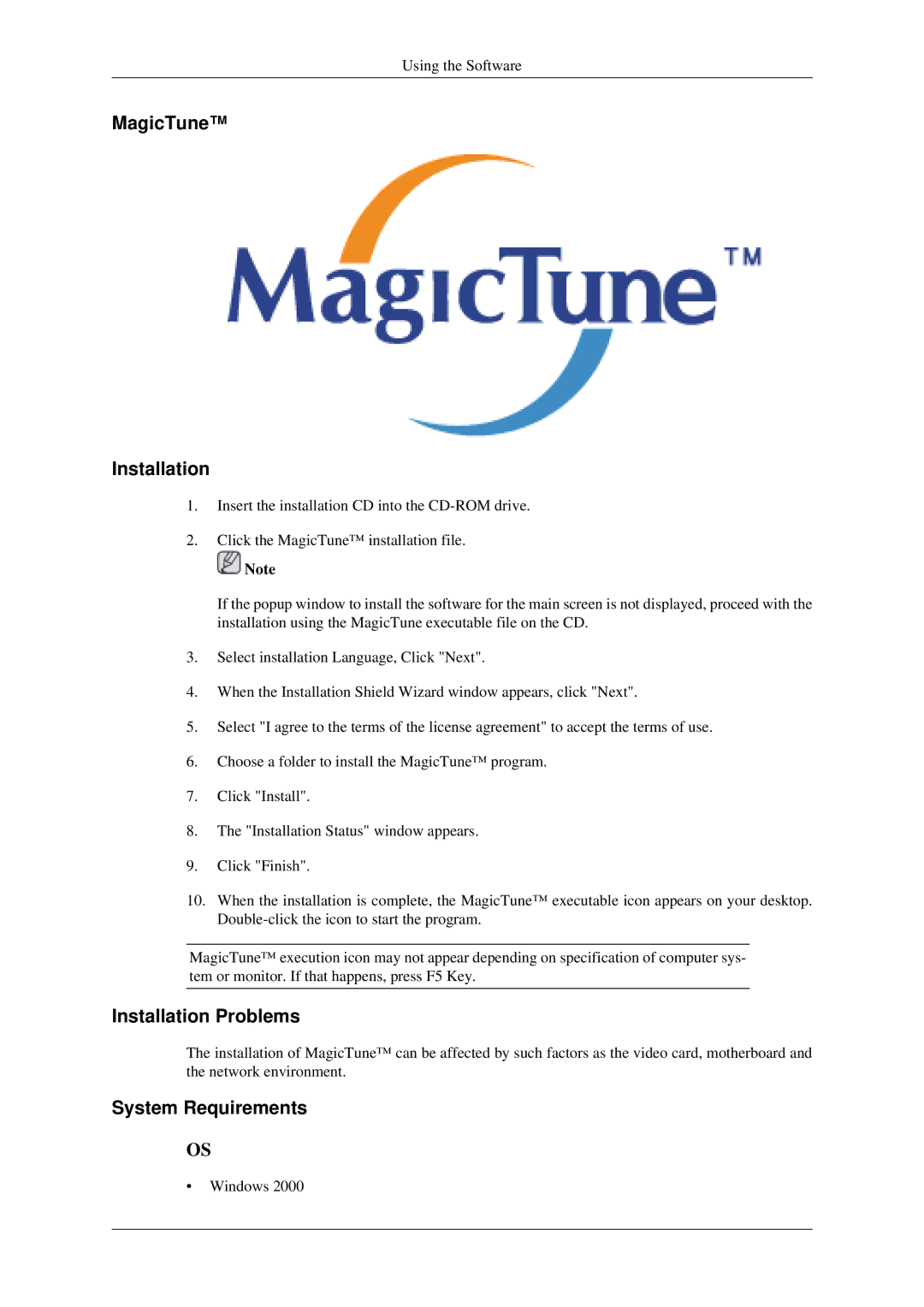 Samsung 930ND user manual MagicTune Installation, Installation Problems, System Requirements 