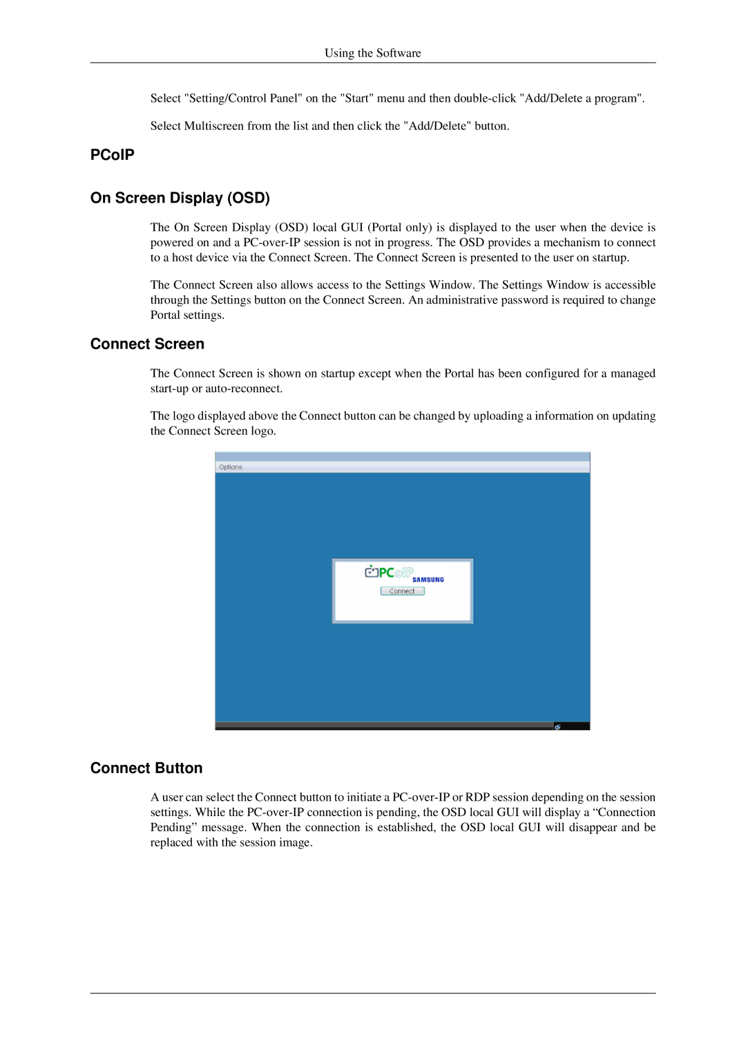 Samsung 930ND user manual PCoIP On Screen Display OSD, Connect Screen, Connect Button 