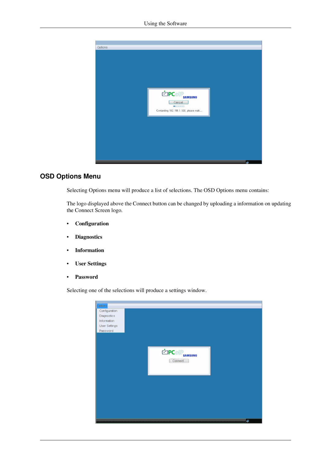 Samsung 930ND user manual OSD Options Menu, Configuration Diagnostics Information User Settings Password 