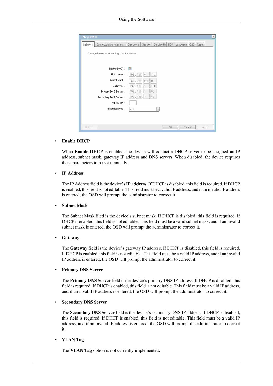 Samsung 930ND user manual Enable Dhcp, IP Address, Subnet Mask, Gateway, Primary DNS Server, Secondary DNS Server, Vlan Tag 